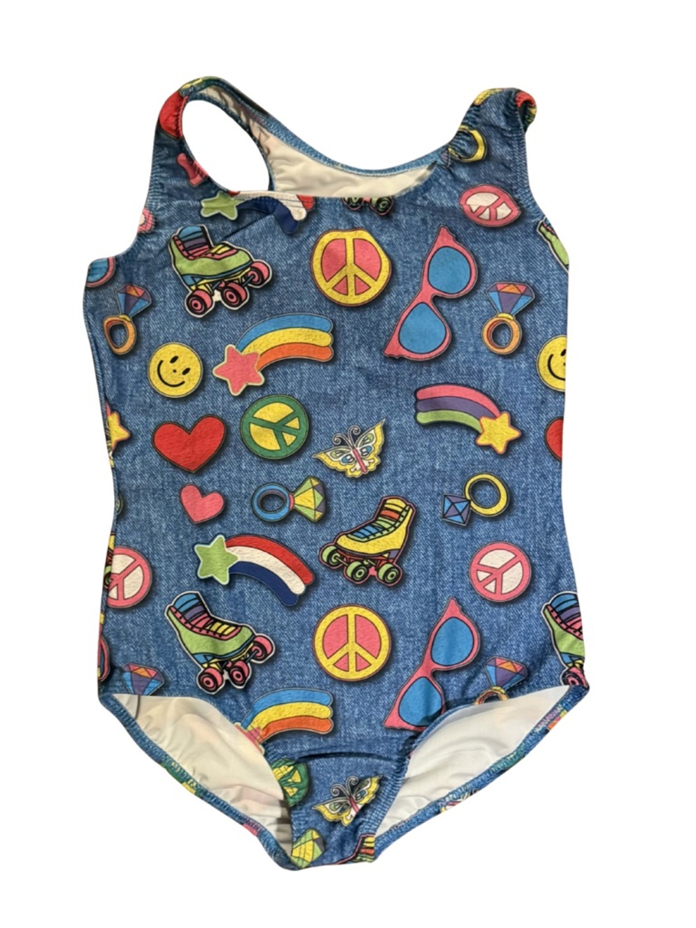 Dori Creations faux denim swimsuit with bold retro graphics girls size 12/14 EUC